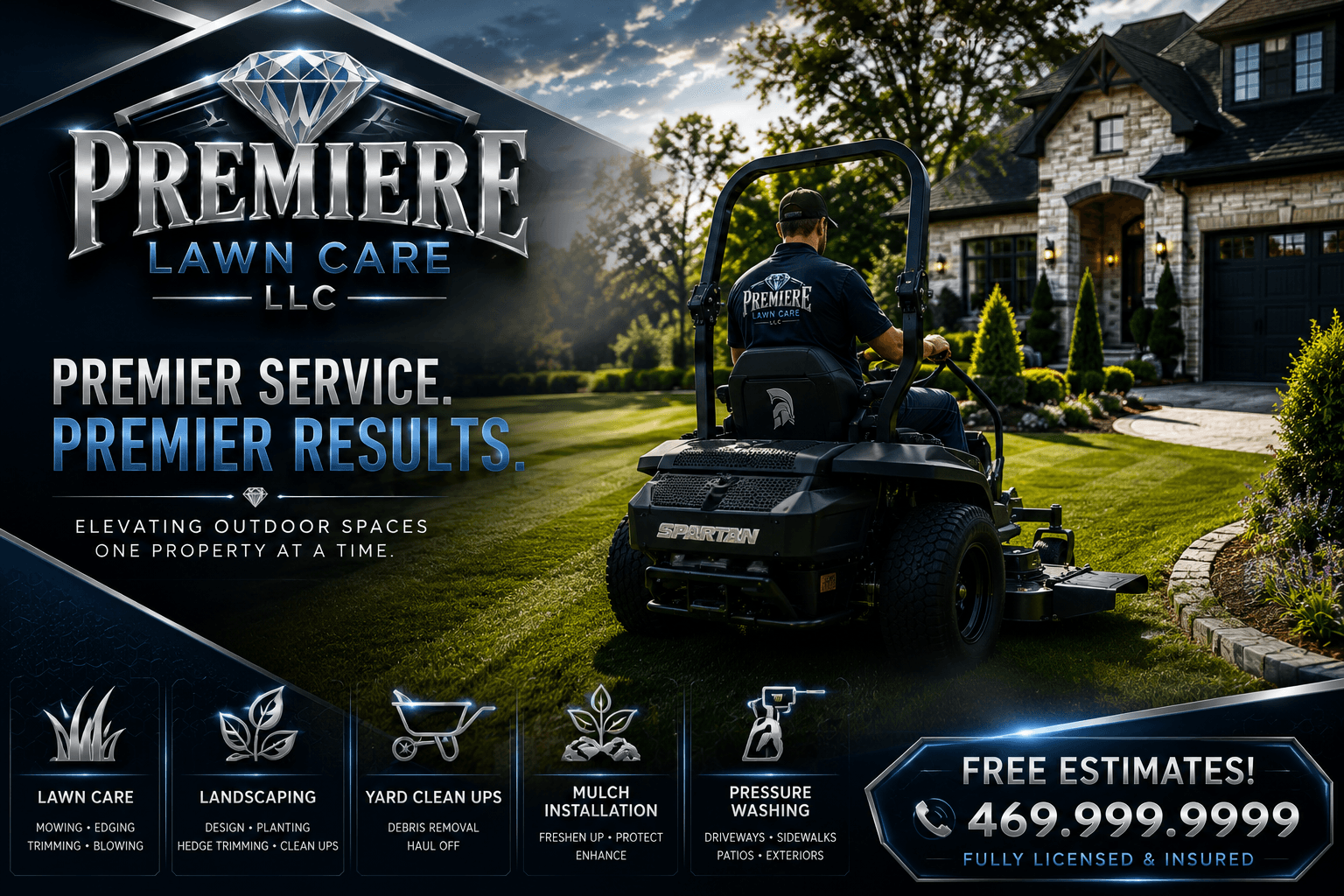 Premiere Lawn Care LLC advertisement featuring a professional mower on a lush, manicured residential lawn.